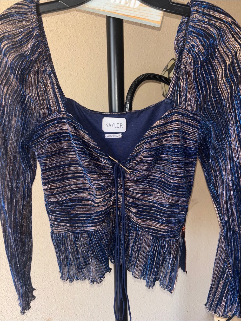 SAYLOR Navy Blue and Metallic Bronze Lurex Ruched Long-Sleeve Crop Top